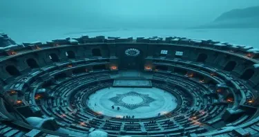 Ancient amphitheatre filled with vampires, torches, high walls, view from above, surrounded by a frozen wasteland, high detail, Skyrim