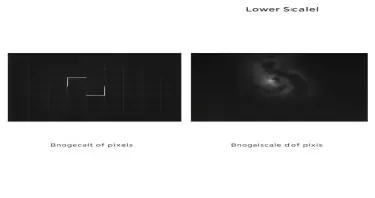 Create a Black and White image that that demonstrates image scale, resolution, and detail as a side-by-side images showing the effect of different image scales:  - **Image A (Higher Scale)**: Show a grid with larger squares (pixels) covering a wider area of the sky. Label it as having a **larger arc-seconds per pixel**.  - **Image B (Lower Scale)**: Show a grid with smaller squares (pixels) covering a smaller area of the sky. Label it as having a **smaller arc-seconds per pixel**.