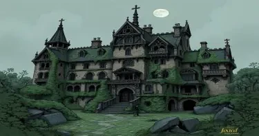 A once grand but now ruined, overgrown and collapsing noble estate in the city of Mordheim drawn in a comic gothic style.
