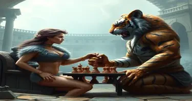 A young woman in a fur bikini top playing chess with a giant humanoid powerful tiger man in an ancient Roman arena. Both are facing each other, side to the camera. Both are looking at the board