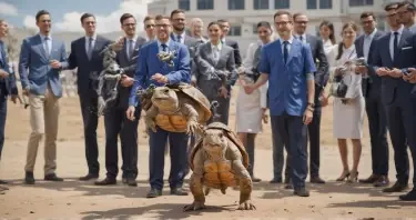 A tortoise with a thin, partially grey  beard is wearing a blue polo shirt and glasses. He is standing on two legs and bolting a jetpack on to a robotic rabbit while an group of people in suits watch.