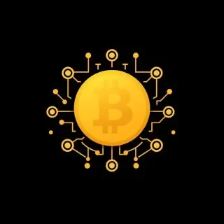 Minimalist logo design for a crypto exchange, Bitcoin symbol combined with blockchain nodes, gold and black color scheme, vector style, clean background