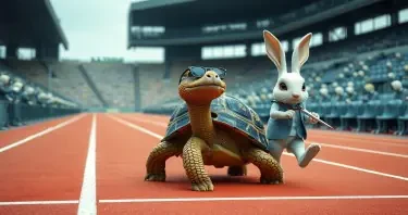 A Tortoise is calmly crossing the finish line of track race. The Tortoise has a thin beard, is wearing glasses, and is dressed in a polo shirt. Behind the Tortoise is a Rabbit. The Rabbit looks frightened. The rabbit is carrying scissors. The rabbit is falling. The rabbit is wearing a suit. The stands around the track are occupied with humaniform robots.