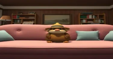 Studio Ghibli style, candid shot, famous randomly couch and randomly finished with randomly opussums, center point for a opussum wearing a hat, Use camera is Canon EOS 5D Mark IV with a Canon EF 24mm f/1. 4L II USM lens, set at aperture f/2. 8 for a depth of field that highlights the furniture clean lines with rich and many detail, randomly color and finished, soft ambient light, studio light setting, ultra realistic, UHD, many details