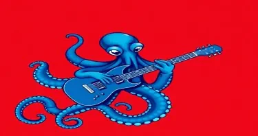 I want an ultramarine blue octopus playing the guitar, kickdrum/cymbals and synth on a red background. The image should be square and leave space above for a title.