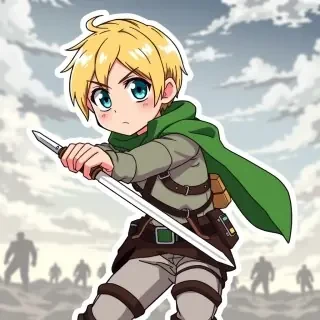**Prompt:** *Anime sticker-style illustration of Armin Arlert from 《Attack on Titan》, featuring his soft yet determined expression with wide, expressive blue eyes and short blond hair. He wears the Survey Corps uniform with the iconic green cape, straps, and vertical maneuvering equipment. Pose him mid-action, gripping his blades with a focused gaze, as if strategizing in battle. Include subtle motion lines for dynamism. The background is a cloudy sky with faint silhouettes of Titans in the distance, evoking tension. Emphasize semi-chibi proportions with bold outlines, vibrant colors, and a slight gloss effect for a sticker-like finish. Add his signature determined yet vulnerable aura, with a faint glow on his face to highlight his intelligence.* (998 characters)