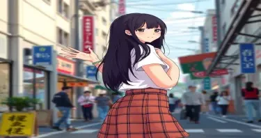 An attractive young Japanese woman in a plaid skirt and white top, long black hair, on a city street. Side to camera. Waving to someone