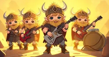A metal band of baby vikings, looking cute and innocent playing guitars, bass and drums.