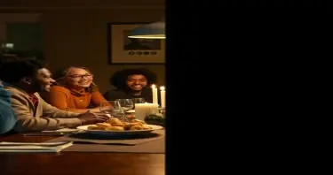 A split-image concept of a black family: On the left, a family laughing at a dinner table. On the right, a dimly lit, empty chair at the same table (symbolizing loss) Make sure the chair is visible.