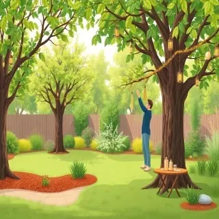 A detailed modern flat vector illustration in clean editorial illustration style showing a full scene in a lush garden environment where trees are thoughtfully decorated as part of a harmonious outdoor design. The setting is an inviting backyard with visible natural surroundings: leafy trees, textured bark, soft ground with grass and mulch, garden paths, shrubs, and seasonal plants. The entire scene is filled edge‑to‑edge with a complete environment, no empty areas.  Show a variety of gentle, tree‑friendly decoration ideas: soft fabric ribbons loosely tied around branches, small hanging lanterns or solar lights suspended with protective straps, lightweight ornaments, bird‑friendly elements, and subtle seasonal touches like garlands made from natural materials. A person is adjusting a decoration using careful, non‑damaging methods, symbolizing the importance of protecting tree health. Nearby, a small table holds DIY supplies such as twine, natural fibers, wooden tags, and eco‑friendly paints.  Include visual storytelling about balance and rhythm: decorations arranged in mindful proportions, hints of different seasons (e.g., warm autumn tones or fresh spring colors), and a layout that enhances the tree’s natural shape rather than overwhelming it. The atmosphere should feel warm, creative, and respectful of nature.  Style: modern flat vector illustration, smooth shapes, soft gradients, slight depth, clean editorial design. Color palette: natural greens, earthy browns, warm yellows, muted oranges, soft blues.  CRITICAL: full scene composition with a complete environment. The background must be part of the scene with clearly visible environment elements such as sky, ground, trees, and garden surroundings. The image must be fully filled edge‑to‑edge. Absolutely no white background anywhere in the image. No blank or empty areas. No isolated objects. No floating composition. No transparent background. The background is not a studio backdrop, it is a real environment.  No text, no watermark.