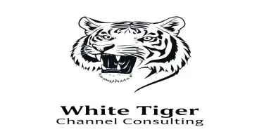 Create a white tiger with its head to the side with its teeth showing. Make it a drawing and center the image and below the picture place White Tiger Channel Consulting in bold arial and make the writing black
