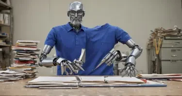 A metal robot with a thin, partially grey beard and eyeglasses, wearing a blue polo shirt, stands facing forward at a cook's chopping table. On the robot's right is a taller pile of bound notebooks, and on the left is a smaller, neatly stacked pile of paper. The robot holds a multi-function knife, similar to a Swiss Army knife or Leatherman multi-tool, in its left hand and a binder from the notebook pile in its right hand. The robot's hands are blurred, indicating rapid movement as it swiftly reduces the binders into simple paper.