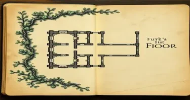 A simple map of the first floor of an overgrown and ruined medieval, gothic estate taken from the page of an ancient, weathered journal.