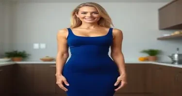 A sexually mature adult woman shown in front-facing profile, standing in a clean, modern kitchen environment. Her body displays fully developed adult proportions — a narrow waist framed by softly rounded hips and a full, lifted chest that projects naturally forward with mature definition. The front view highlights the symmetry and volume of her chest beneath a tightly fitted blue dress, shaped with subtle anatomical realism. Her hips are smoothly contoured, and while her glutes are partially obscured from this angle, the width and structure of her lower body are clearly defined. Her abdomen is flat and firm, with light natural texture suggesting experience without imperfection. Her face is the central point of focus — clear blue eyes, long eyelashes, a small refined nose, full shaped lips with subtle asymmetry, straight white teeth, and a well-proportioned, projecting jawline. Slight natural facial lines and lifted cheeks express graceful maturity. Her long, voluminous blonde hair is styled neatly, falling over her shoulders with soft density. She is dressed in a sleek, form-fitting blue dress — tailored to outline her chest, midsection, and hips with precision, accentuating her shape without exaggeration. The lighting is soft and diffused, enhancing her skin tone and casting gentle shadows along her neckline, chest, and hip contours. The background includes high-end kitchen elements such as polished countertops, cabinetry, and subtle reflections. The image is photorealistic and high resolution, with primary visual emphasis on her face, the curvature and posture of her chest, and the balance of her hips — conveying composed, sexually mature femininity through confident frontal presence.