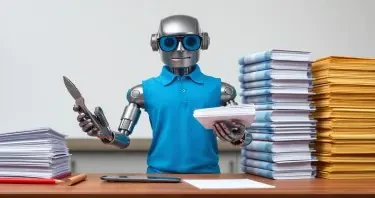 A metal robot wearing eyeglasses, wearing a blue polo shirt, stands facing forward at a cook's chopping table. On the robot's right is a taller pile of bound notebooks, and on the left is a smaller, neatly stacked pile of paper. The robot holds a multi-function tool, similar to a Swiss Army knife or Leatherman multi-tool, in its left hand and a binder from the notebook pile in its right hand. The robot's hands are blurred, indicating rapid movement as it swiftly reduces the binders into simple paper.
