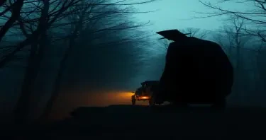 A dark human ghost with a top hat on the edge of a thick wood at dusk scaring a horse drawn carriage