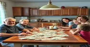 Image: A family at a kitchen table with bills spread out