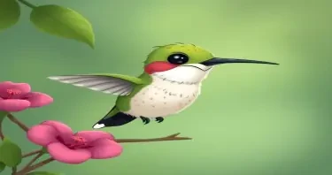 Please create a cartoon drawing  of a very weak looking hummingbird.  Make her look very sad but likeable for the reader of a children's book.