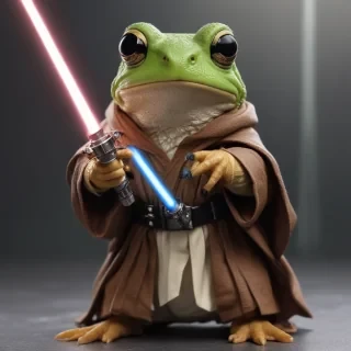 a jedi frog holding a light saber