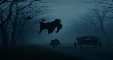 A dark ghost with a top hat on the edge of a wood at dusk scaring a horse drawn carriage