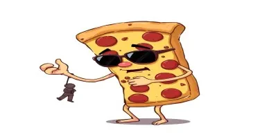 Draw a picture of a slice of pizza, with skinny arms and legs, wearing sunglasses, it has a nose and mouth. It's holding a tiny human and about to eat it