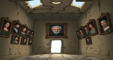 Dozens of noble portraits hang askew in a ruined art gallery, but one (that of a young Hektor’s grandfather) is unmarked by decay and follows the players with its eyes. The portraits should be of the late medieval period and in the likeness of those in the Holy Roman Empire. The artwork should be cartoonish and gothic style.