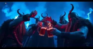 a group of heavy metal Vikings drinking met and salute each other.