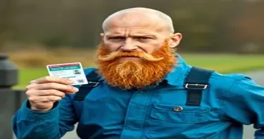 Create a Bald white male, with a long Ginger beard, running with his Drivers license in his hand, looking very upset, wearing blue cover alls