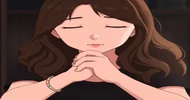 Studio Ghibli style, A young woman with long wavy brunette hair rests her head on her clasped hands. She wears a black top and a delicate bracelet on her left wrist. Her expression is soft and contemplative, with natural makeup and subtle pink lipstick. The background is dark and blurred, focusing on her face and hands