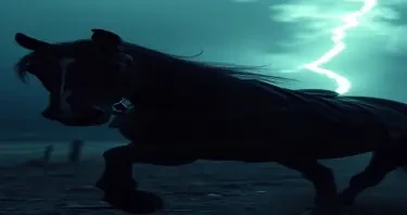 An nineteeth century scene of a scared horse bolting through the night