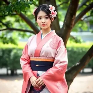 a beautiful Japanese woman wearing a traditional kimono, which is a long, flowing garment. She is adorned with a flower in her hair, adding to her elegant appearance. The woman is standing in front of a tree, which provides a natural backdrop for the scene. The overall atmosphere of the image is serene and captivating, showcasing the beauty and grace of the woman in her traditional attire.