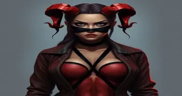 Create an image of a female hellboy lookalike character.  Her jacket will be open with her breasts exposed with black electrical tape over her nipples in an X formation