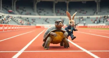 A Tortoise is calmly crossing the finish line of track race. The Tortoise has a thin beard, is wearing glasses, and is dressed in a polo shirt. Behind the Tortoise is a Rabbit. The Rabbit looks frightened. The rabbit is carrying scissors. The rabbit is falling. The rabbit is wearing a suit. The stands around the track are occupied with humaniform robots.