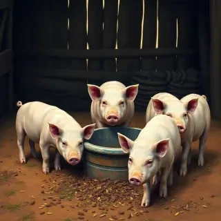 A realistic picture of a barn yard with three pigs around a trough