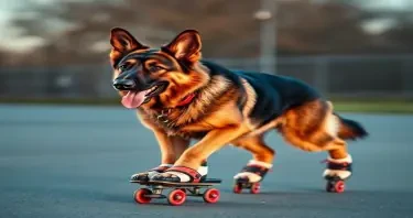 German shepherd on 4 roller skates