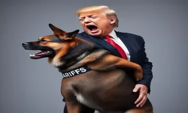 Donald Trump being bitten in the butt by an attack dog wearing a colar that has the word TARIFFS prominently displayed. Trump howls in pain. The dog is positioned so that it is biting Trump in the butt.