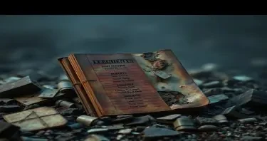 Among the wreckage is a half-burned imperial ledger listing property seizures and judgments.