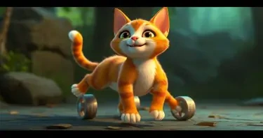 A cat with wheels for legs. Animated 3d art style