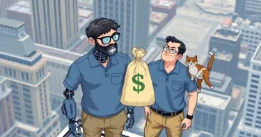 A robot and a man stand side by side on top of the New York Stock Exchange building. The man, with black hair streaked with grey and a thin salt-and-pepper beard, wears glasses, a blue polo shirt with a pocket, and khaki pants. The man has just dropped a large banking bag of money with a large $ printed clearly on the bag. The robot has simultaneously dropped a cat. Both are looking down as they watch curiously from the top of the building as the money and the cat fall to the street below.