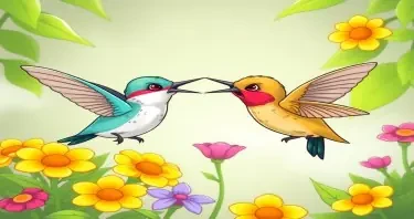 Please create a cartoon drawing of two angry hummingbirds using their beaks like dueling trying to take over another hummingbird's garden for a children's book.