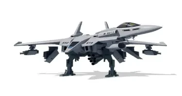 Chinese, Chengdu J-20 style, anime, laterally symmetrical, Macross Valkyrie, Gerwalk Mode, with arms & GU-11 Gun Pod,on a white background. No Multiple cockpits, no deformed legs