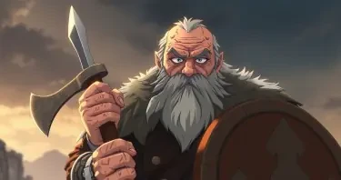 A very old viking with scars and wrinkles all over his face and bodywho can barely hold his axe and his shield.