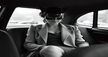 a mature woman in a short dress and coat sitting in the backseat, catwoman mask