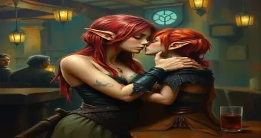 Oil on canvas, magic realism, serene and ethereal composition.  A female wood elf with very short red hair and a female tiefling embracing each other, sharing a kiss in a fantasy tavern