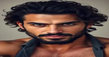 Sexy man with curly long hair and short beard. He is in his twenties. he has thick lips. He is toned but not overly muscular. Aggressive look. Arabic features.