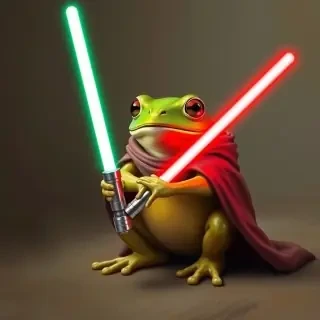 a jedi frog holding a light saber