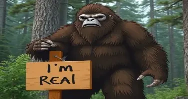 Bigfoot with sign that says, "I'm Real"