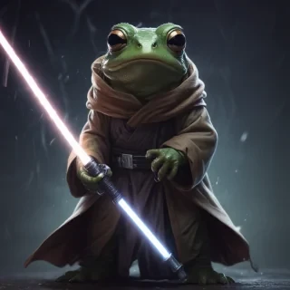 a jedi frog holding a light saber