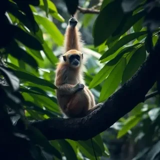Gibbon monkey climbing a tree in an tropical rainforest with large leaves and dim lighting