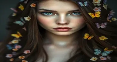 Beautiful long hair woman with flowers that look like butterflies in hair and beautiful eye. Shade has a mysterious look that draws you into her eyes.